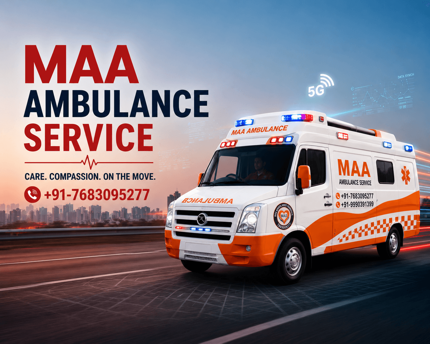 Maa Ambulance Service fleet in Delhi — ICU, Ventilator and Dead Body ambulances